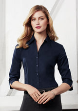 Cherry 3/4 sleeve shirt for women, featuring a flattering open neckline, cuffed sleeves, and a stylish curved hemline.