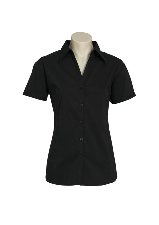 Ladies Metro Short Sleeve Shirt in black, size 10, featuring cuffed sleeves, curved hem, and a stylish open neckline.