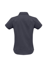 Ladies Metro Short Sleeve Shirt in Charcoal, size 8, featuring a chic open neckline and breathable, stylish fabric blend.