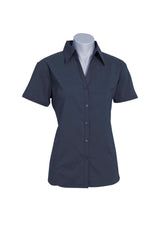 Charcoal short sleeve ladies shirt, Size 14, with cuffed sleeves, open neckline, and curved hem for a stylish, versatile fit.