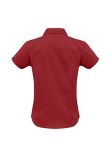 Ladies Metro Short Sleeve Shirt in Cherry, size 8, featuring a breathable fabric blend and stylish open neckline.