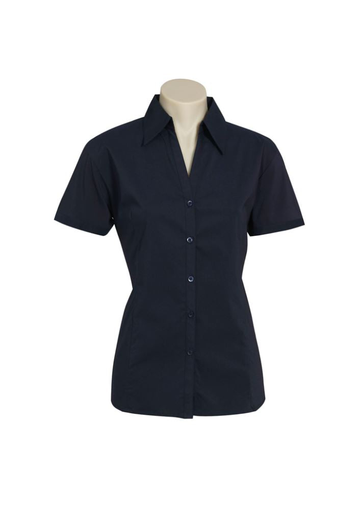 Navy ladies short sleeve shirt in size 16, featuring cuffed sleeves, curved hem, and UPF protection for stylish comfort.