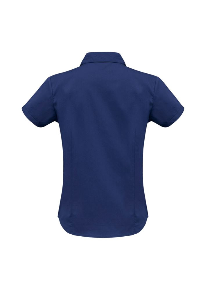 Royal blue short sleeve shirt for ladies, size 6, featuring cuffed sleeves, UPF protection, and a stylish, comfortable fit.