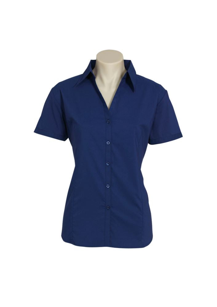 Royal blue Ladies Metro Short Sleeve Shirt, Size 6, featuring a stylish open neckline and cuffed sleeves for a chic look.