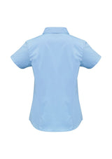Ladies Metro Short Sleeve Shirt in Sky, size 16, featuring a breathable fabric blend, cuffed sleeves, and stylish design.