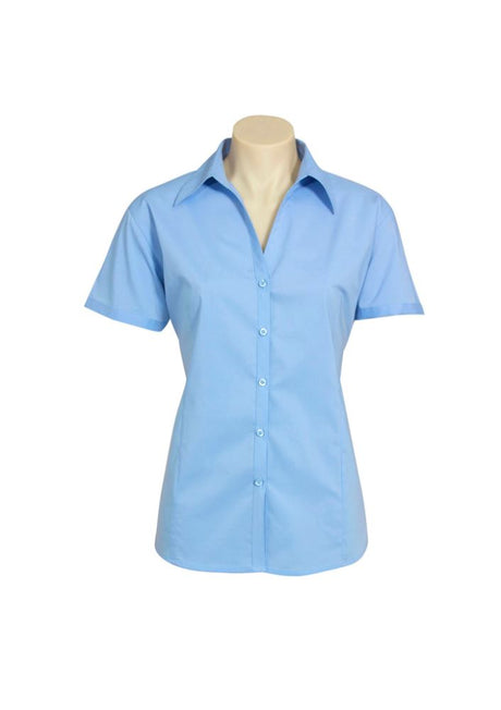 Sky blue short sleeve shirt for women, size 18, featuring a chic open neckline and elegant cuffed sleeves.