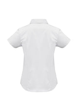 Ladies Metro Short Sleeve Shirt in white, size 20, featuring an open neckline, cuffed sleeves, and a chic curved hemline.