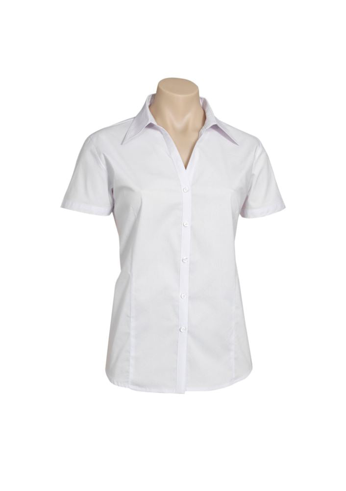 Ladies Metro Short Sleeve Shirt in white, size 10, featuring a stylish open neckline, cuffed sleeves, and curved hemline.