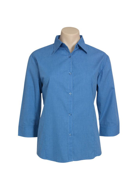 Mid blue micro check shirt for ladies, size 24, featuring 3/4 sleeves, easy-iron fabric, and a tailored buttoned collar.