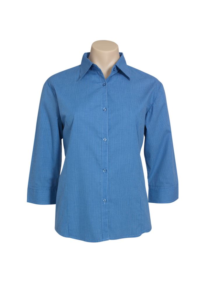 Mid Blue ladies' 3/4 sleeve micro check shirt, Size 16, featuring a slimline placket and curved hem for stylish comfort.