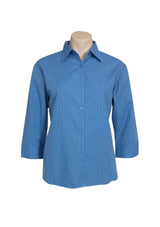 Mid Blue ladies' 3/4 sleeve micro check shirt, Size 16, featuring a slimline placket and curved hem for stylish comfort.