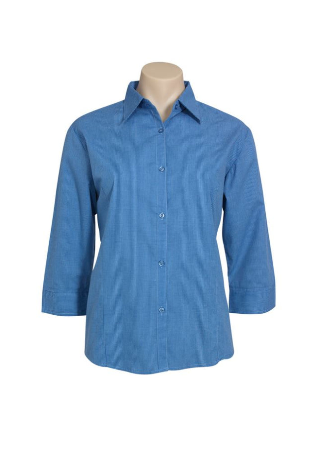 Mid Blue ladies' 3/4 sleeve micro check shirt, Size 16, featuring a slimline placket and curved hem for stylish comfort.