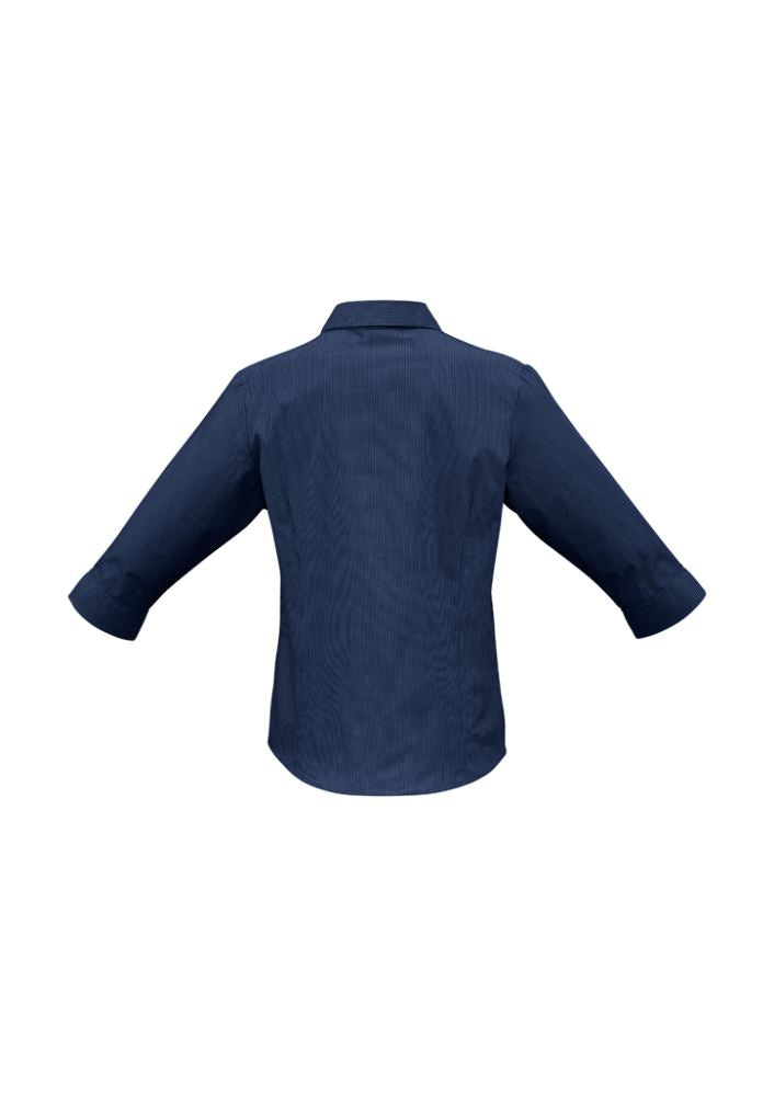 Navy micro check 3/4 sleeve shirt for women, size 24, featuring buttoned collar and easy-iron fabric for timeless style.
