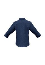 Navy micro check 3/4 sleeve shirt for ladies, size 22, featuring a tailored fit and curved hem for stylish comfort.