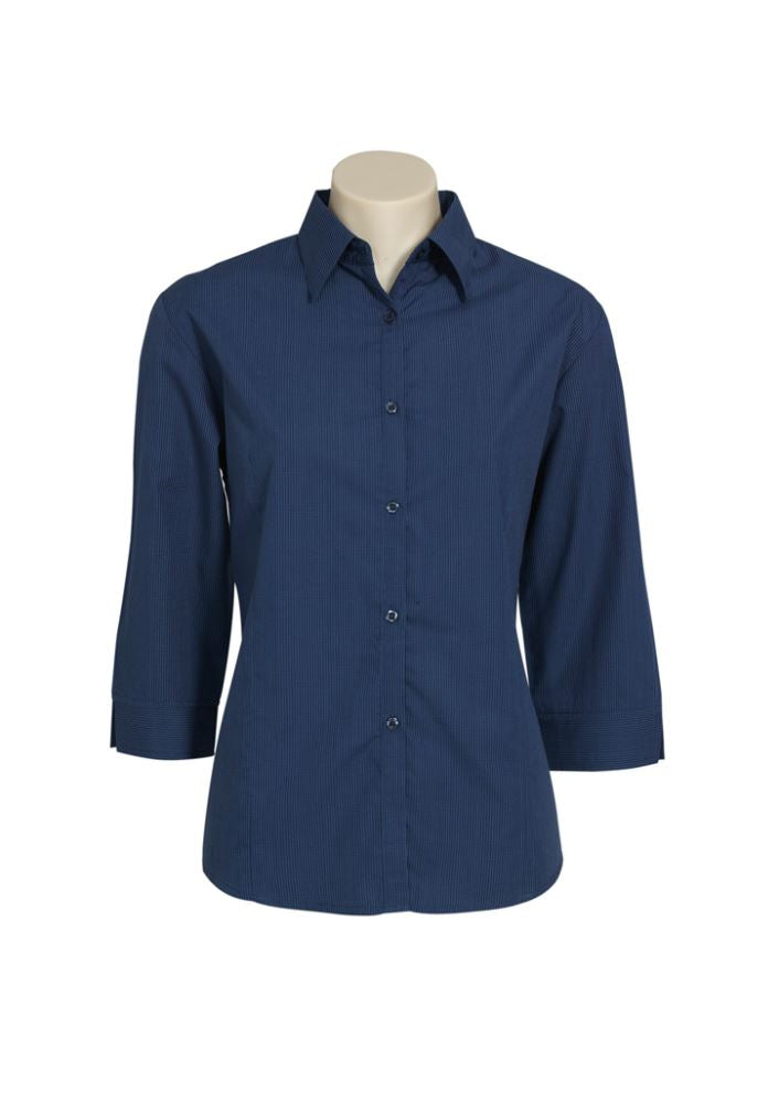 Ladies navy micro check 3/4 sleeve shirt, size 22, featuring a buttoned collar, tailored fit, and curved hemline for stylish comfort.