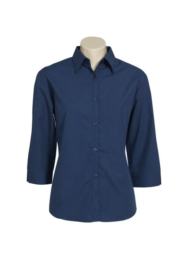 Ladies navy micro check 3/4 sleeve shirt, size 22, featuring a buttoned collar, tailored fit, and curved hemline for stylish comfort.