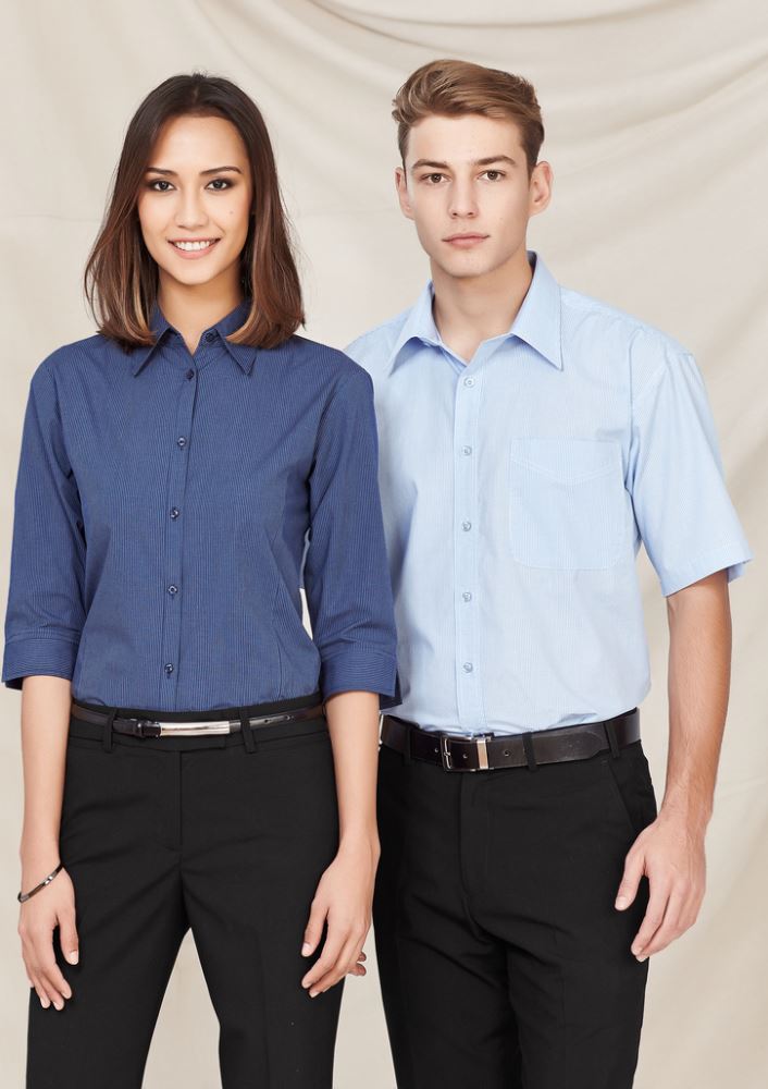 Mid blue micro check 3/4 sleeve button-up shirt for women, Size 16, featuring a slimline placket and curved hemline.