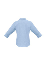 Ladies Micro Check 3/4 Sleeve Shirt in Sky, Size 22, featuring a buttoned collar and curved hem for effortless style.