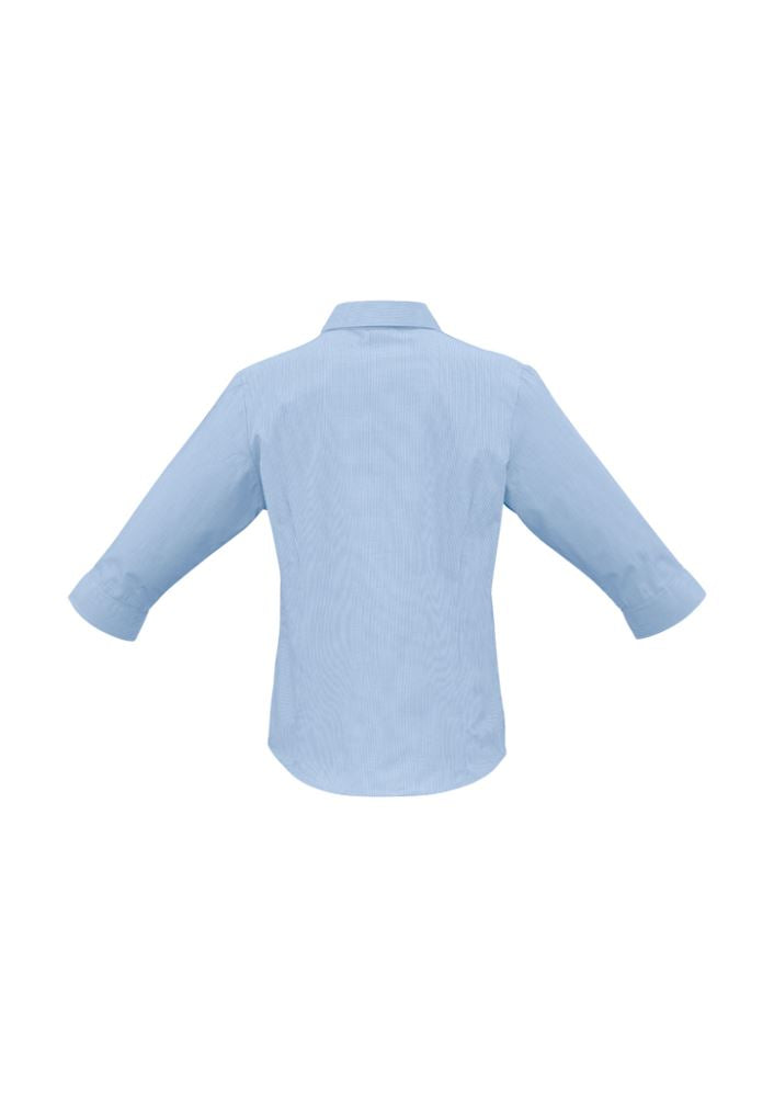 Sky blue 3/4 sleeve women's shirt with micro check pattern, slimline placket, and curved hem, size 14 from Biz Collection.