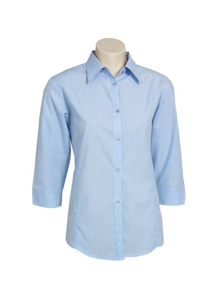 Sky blue Ladies Micro Check 3/4 Sleeve Shirt in Size 14, featuring a stylish design with buttoned collar and curved hemline.