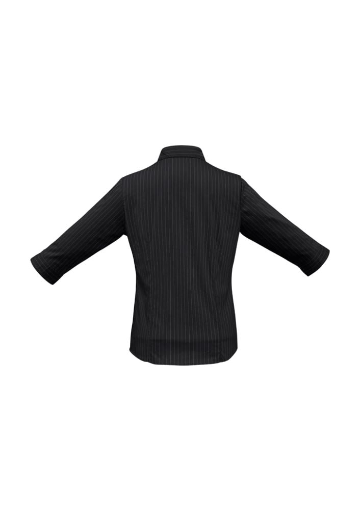 Ladies black and white 3/4 sleeve shirt with stylish collar buttons, curved hem, and UPF protection, size 10.