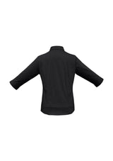 Ladies Manhattan 3/4 Sleeve Shirt in Black/White, size 6, featuring a curved hem and stylish collar buttons for versatile elegance.