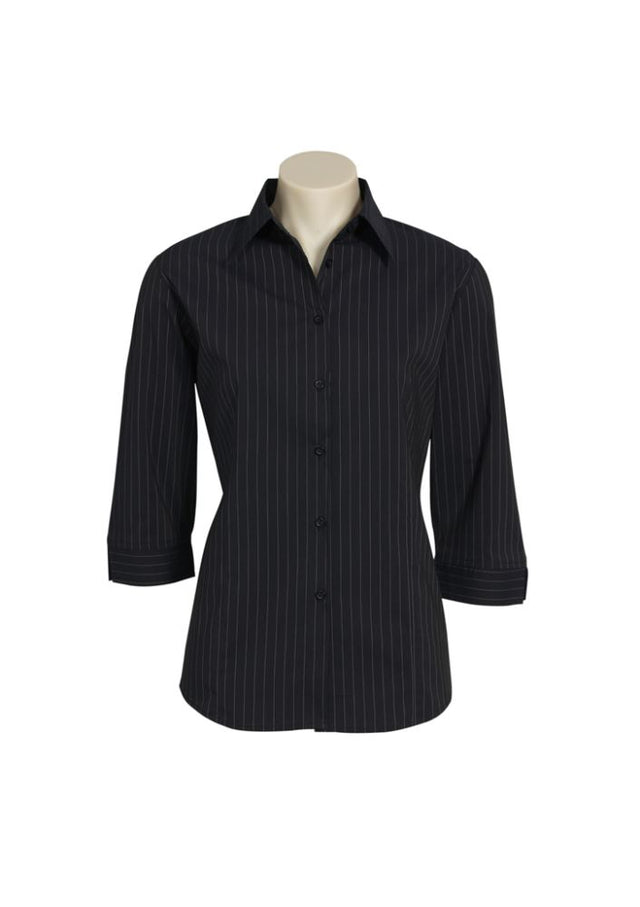 Ladies Manhattan 3/4 sleeve shirt in black/white, size 8; features stylish collar buttons and UPF protection for sun safety.