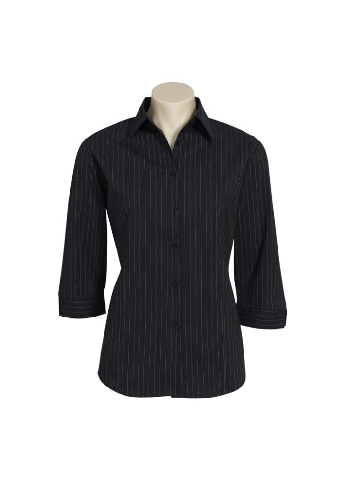 Ladies 3/4 sleeve black and white shirt, Size 18, featuring stylish collar buttons and a flattering curved hem.