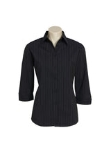 Ladies 3/4 sleeve black and white shirt, Size 18, featuring stylish collar buttons and a flattering curved hem.