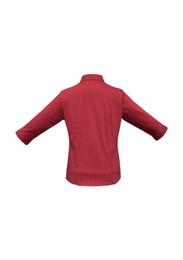 Ladies 3/4 sleeve shirt in vibrant cherry and white, featuring style buttons and curved hem, perfect for casual or professional wear.