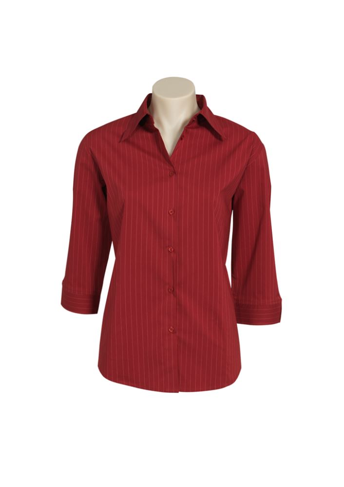 Ladies Manhattan 3/4 Sleeve Shirt in Cherry/White, size 10, featuring soft fabric, stylish buttons, and a modern curved hem.
