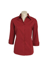 Ladies Manhattan 3/4 Sleeve Shirt in Cherry/White, size 10, featuring soft fabric, stylish buttons, and a modern curved hem.