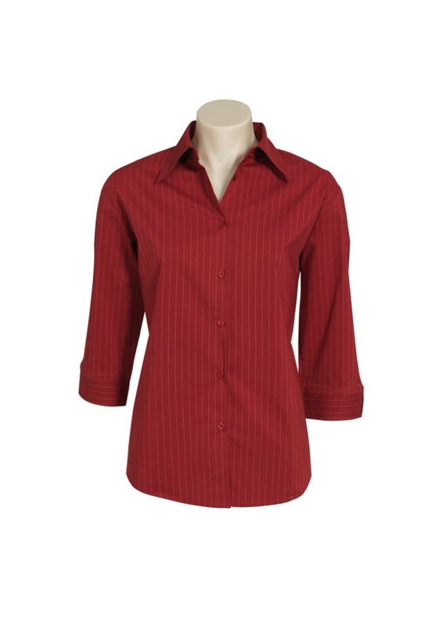 Ladies Manhattan 3/4 Sleeve Shirt in Cherry/White, size 10, featuring soft fabric, stylish buttons, and a modern curved hem.