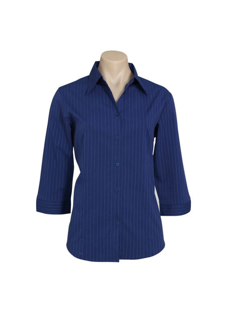 Ladies Manhattan 3/4 Sleeve Shirtnch in Blue/White, size 14, featuring stylish buttons, curved hem, and excellent comfort.