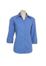Mid Blue/Navy 3/4 sleeve shirt for women, size 16, featuring stylish collar buttons and a flattering curved hem.