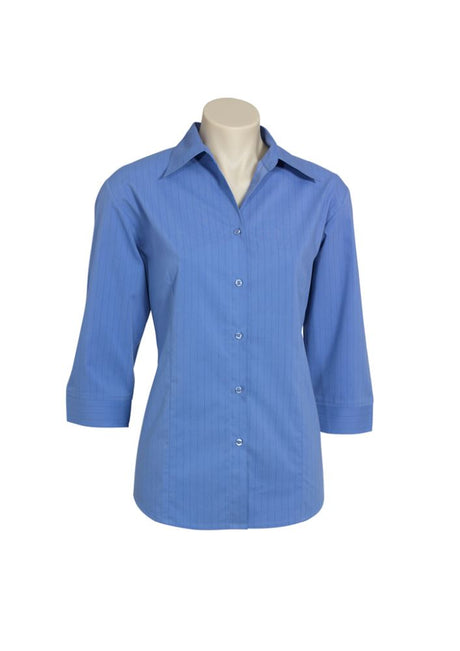 Mid Blue/Navy 3/4 sleeve shirt for women, size 16, featuring stylish collar buttons and a flattering curved hem.