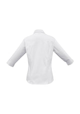 Chic white and black Ladies Manhattan 3/4 sleeve shirt, Size 16, stylish collar buttons, curved hem, UPF rated for sun protection.
