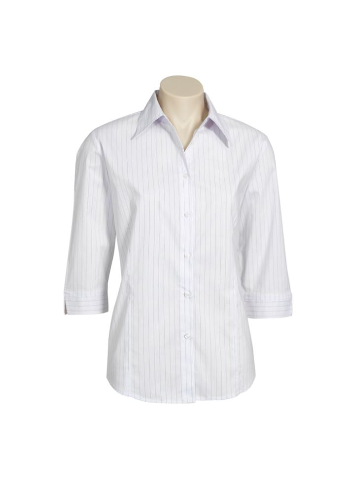 Stylish Ladies Manhattan 3/4 Sleeve Shirt in White/Black, Size 16, featuring a tailored fit and UPF protection.