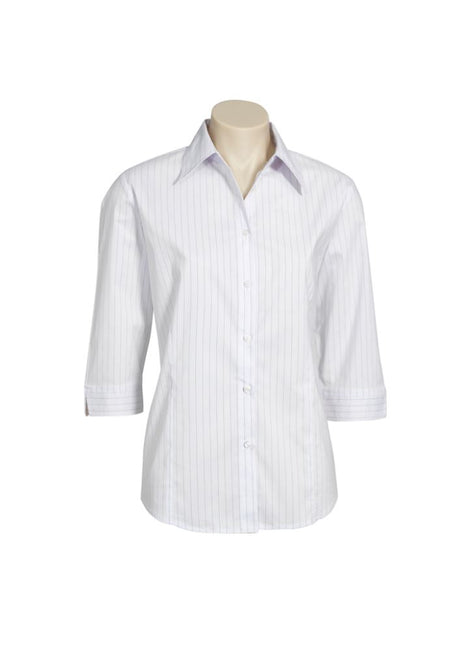 Stylish Ladies Manhattan 3/4 Sleeve Shirt in White/Black, Size 16, featuring a tailored fit and UPF protection.
