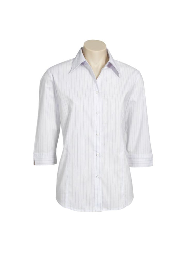 Stylish Ladies Manhattan 3/4 Sleeve Shirt in White/Black, Size 16, featuring a tailored fit and UPF protection.