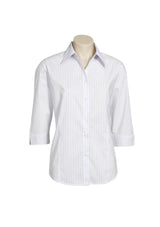 Ladies Manhattan 3/4 Sleeve Shirt in white and black, size 6, featuring stylish collar buttons and a flattering curved hem.