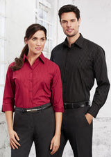 Ladies Manhattan 3/4 Sleeve Shirt in White/Black, Size 16, featuring stylish collar buttons and a curved hem for a chic look.
