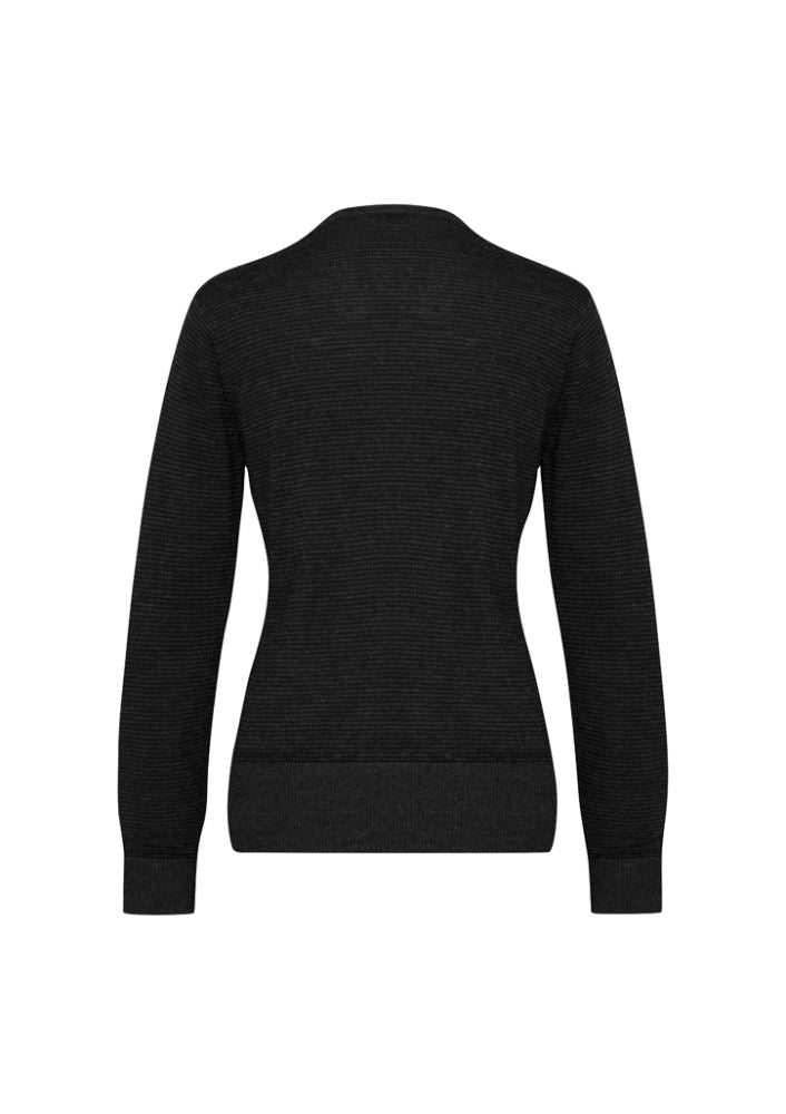 Ladies Origin Merino Cardigan in Black, Size M; soft, lightweight Merino Wool with button front and gather detail for versatile styling.