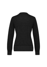 Ladies Origin Merino Cardigan in Black, Size M; soft, lightweight Merino Wool with button front and gather detail for versatile styling.