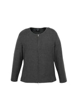 Charcoal Ladies 2-Way Zip Cardigan in size L, featuring modern styling and breathable fabric for versatile wear.