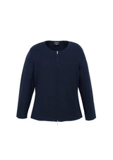 Navy Ladies 2-Way Zip Cardigan in size M, featuring a modern design with stylish zipping for versatile wear.