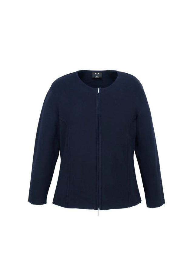 Navy Ladies 2-Way Zip Cardigan in size M, featuring a modern design with stylish zipping for versatile wear.