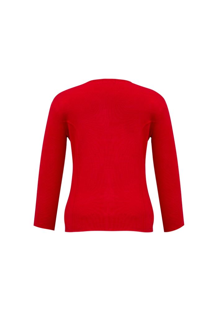 Ladies red 2-way zip cardigan, size L, made from 73% Viscose and 27% Nylon, perfect for versatile styling and comfort.
