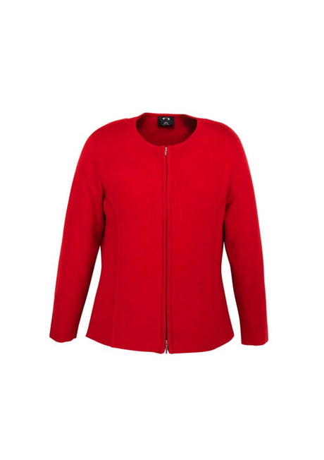 Ladies 2-way zip cardigan in vibrant red, size 3XL, featuring a modern silhouette and comfortable 73% viscose blend.