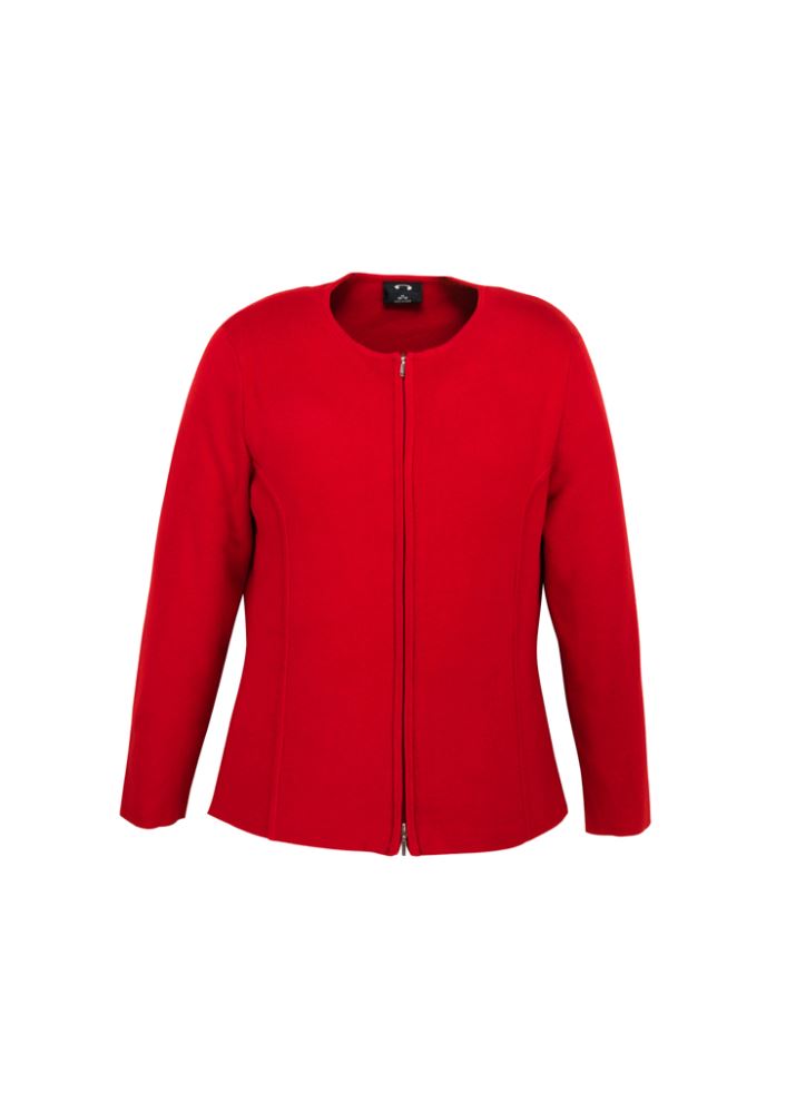 Ladies 2-way zip cardigan in vibrant red, size S, made from a soft viscose-nylon blend for stylish layering and comfort.